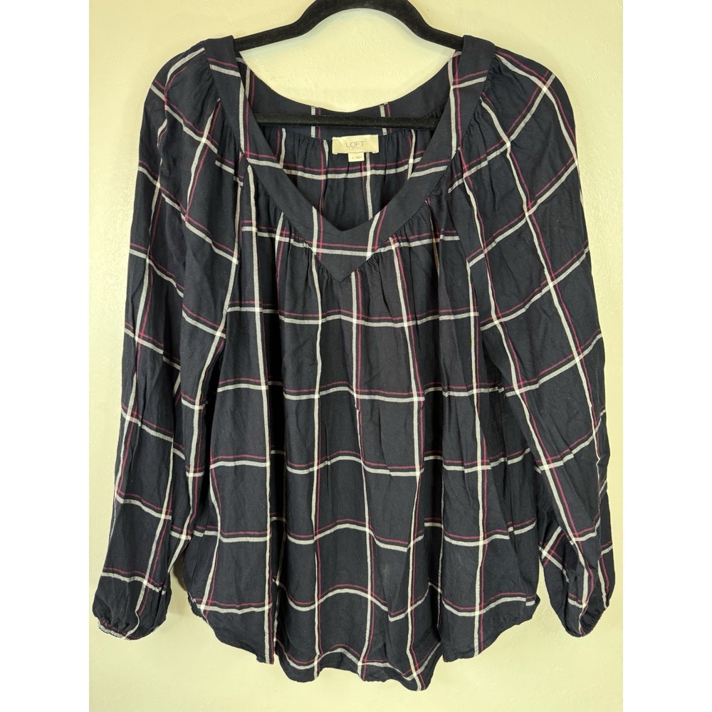 LOFT Navy Blue Plaid Long Sleeved‎ V Neck Blouse Size L